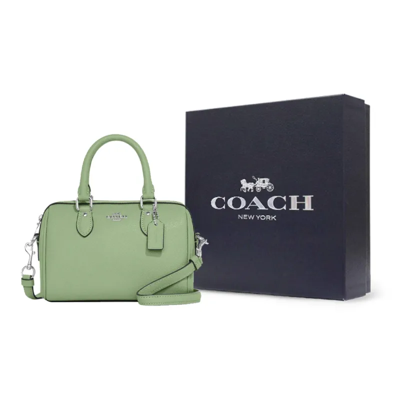 COACH Cross Grain Leather Boston Bag, Handbag, Shoulder Bag, Crossbody Bag Trumpets Women's Azure Grass Green-8
