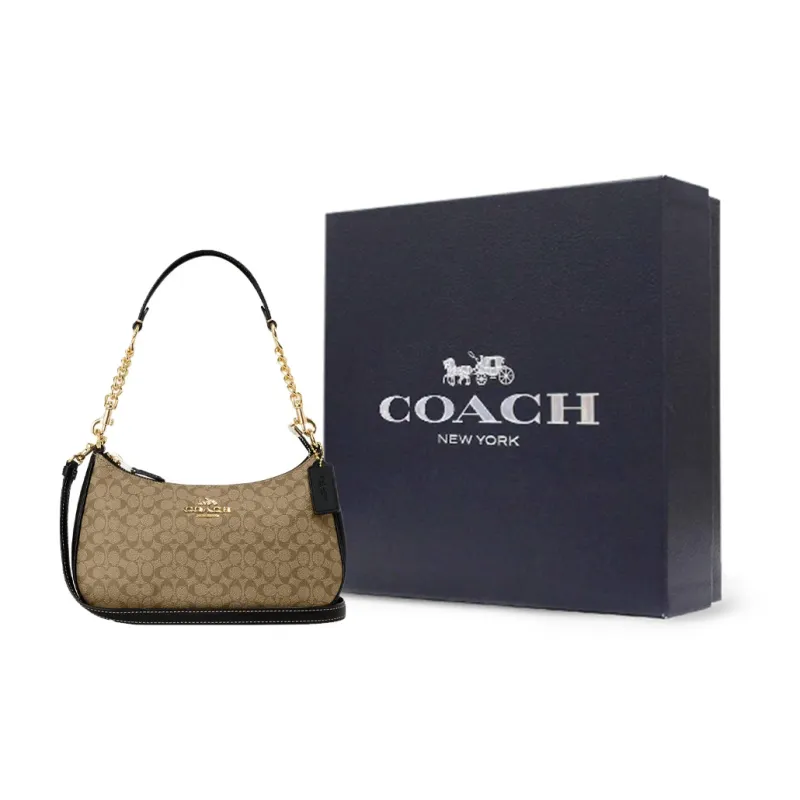 COACH Teri Canvas With Leather Handbags Shoulder Bags Women's Khaki & Black-8
