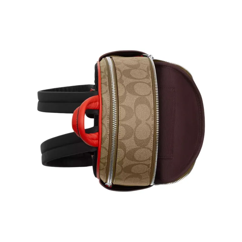 COACH Court Coated Canvas With Smooth Leather Backpack Small Size Women's Silver & Khaki & Miami Red-2