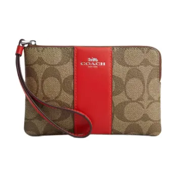 COACH Corner Zip Coated Canvas Recycled Leather Clutch Small Size Women's Silver & Khaki & Miami Red