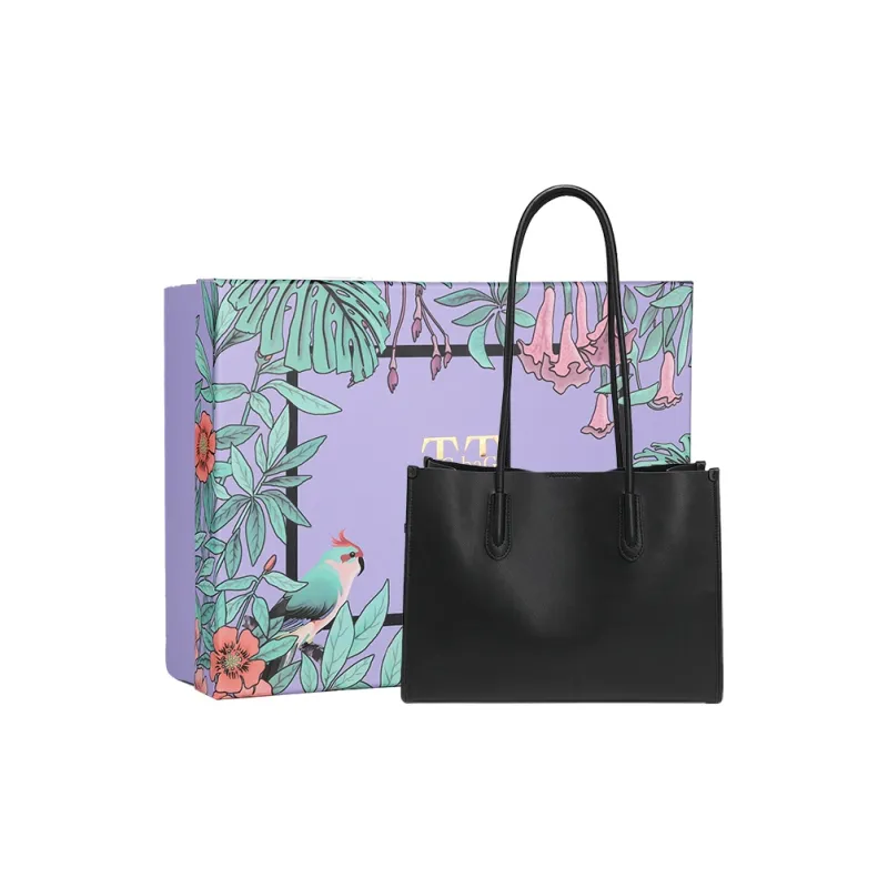 TTaG．baG Cow Leather Tote Bag, Shopping Bag, Shoulder Bag Women's Black/Premium Gray/Milk Tea-0