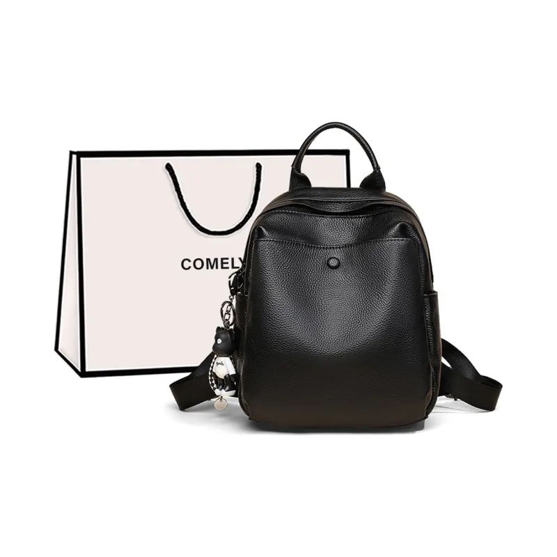 COMELY Cow Leather Bonded Synthetic Leather Backpack Medium Size Women's Ecru/Black-5