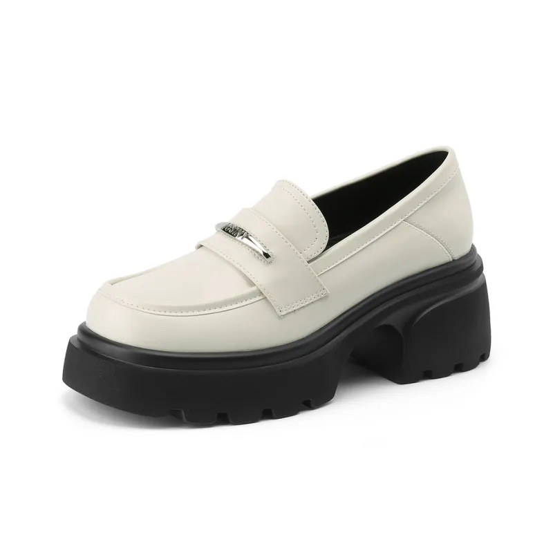 JOSINY Genuine Leather Loafers 7cm Women's Black/Ecru-7