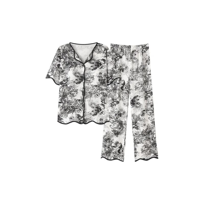 The Story Of The Flower Season Pajama Set Women's Black White-0