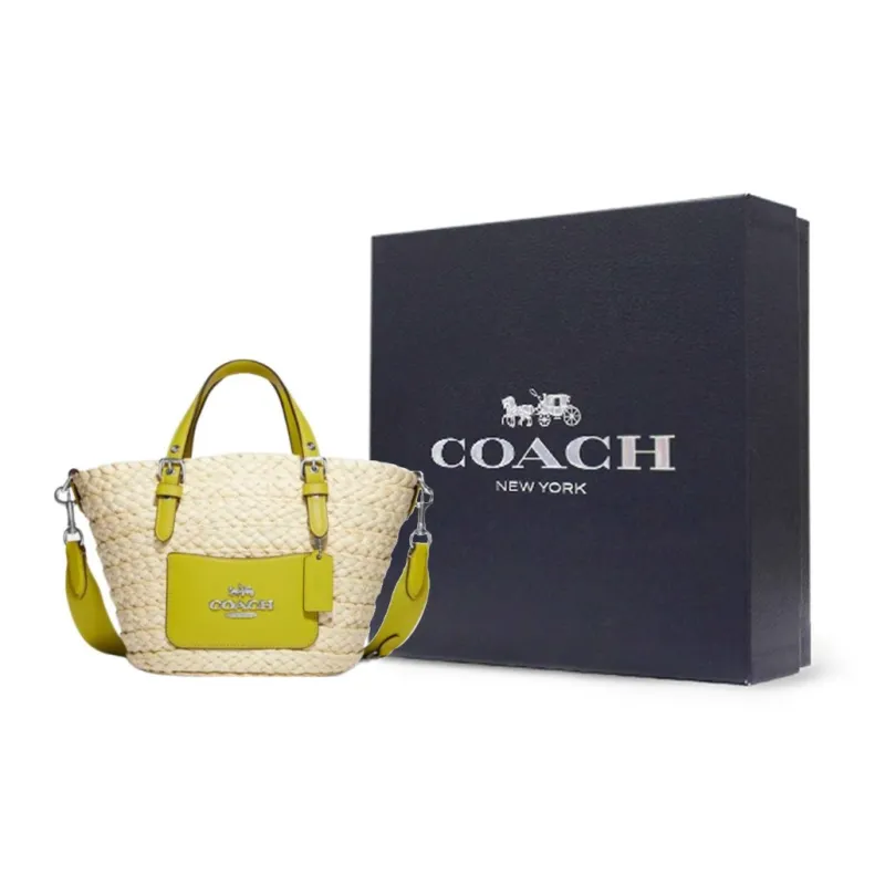COACH Straw Woven With Leather Tote Bag, Shopping Bag, Tote Handbag Medium Size Women's Light Khaki & Green-8