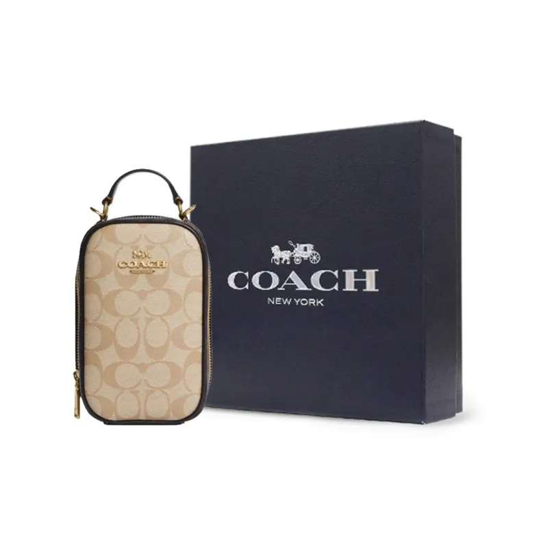 COACH Eva Artificial Leather Cell Phone Pouch Handbag Shoulder Bag Crossbody Bag Mini Women's Light Khaki & Brown-8