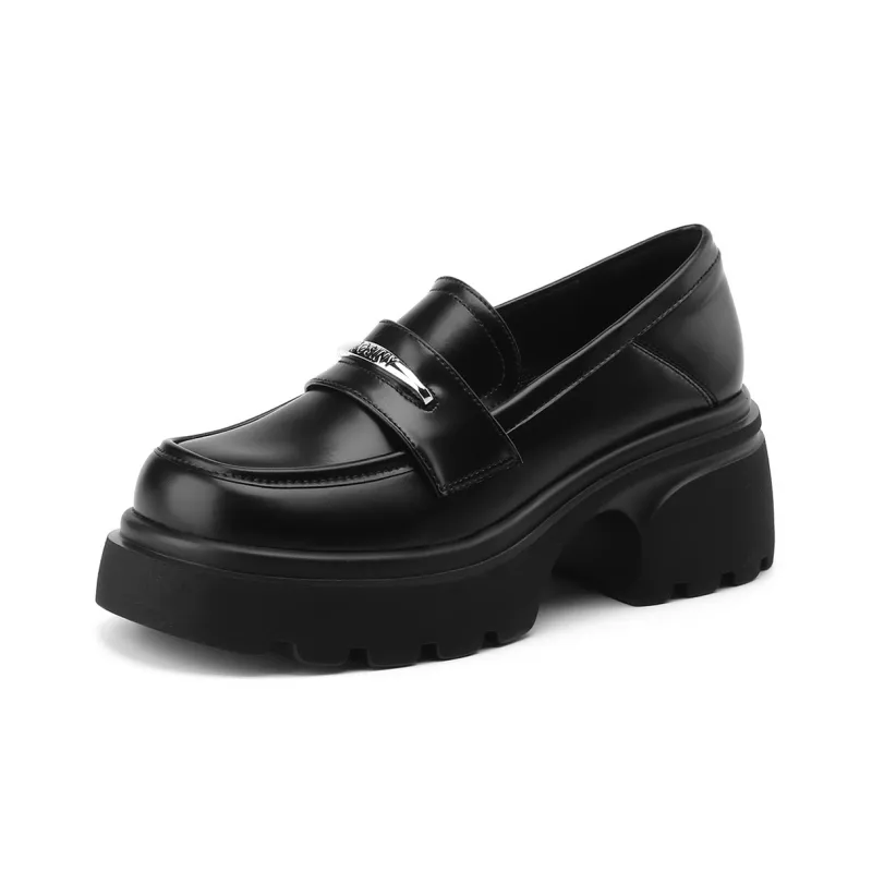 JOSINY Genuine Leather Loafers 7cm Women's Black/Ecru-1