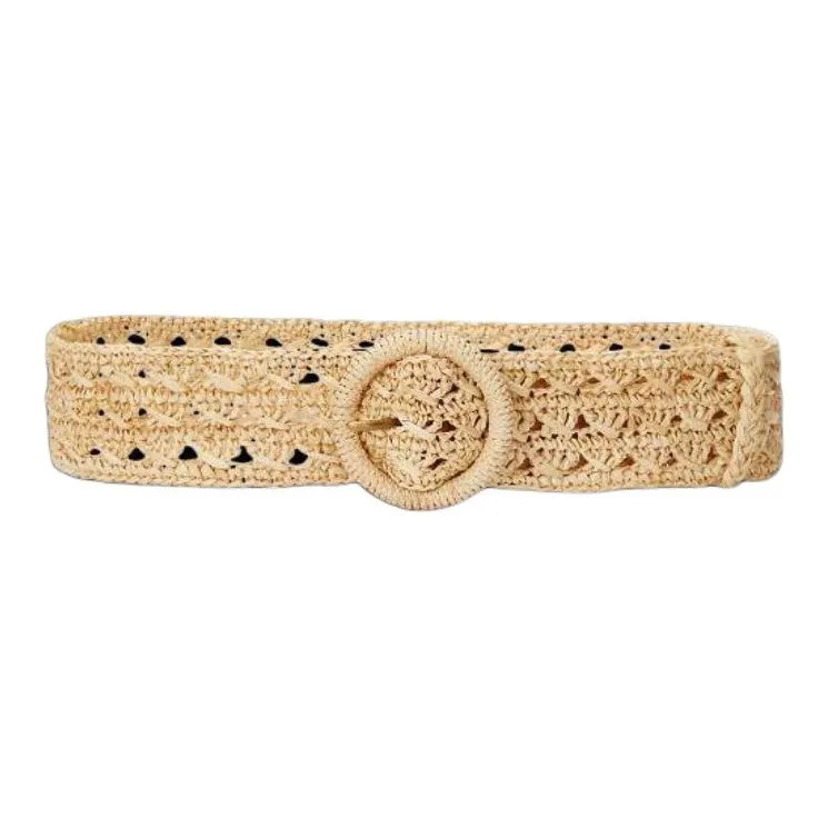 Polo Ralph Lauren Woven Design Metal Raffia Cow Leather Belt Unisex Yellow Width 5.5CM-0