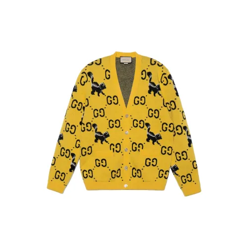 GUCCI GG And Skunk Jacquard Wool Knit Cardigan Yellow/Black