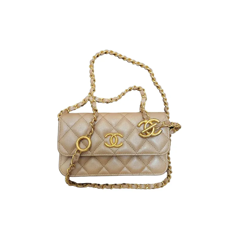 CHANEL Grained Calfskin Shoulder Bag Crossbody Bag Unisex Caramel-1
