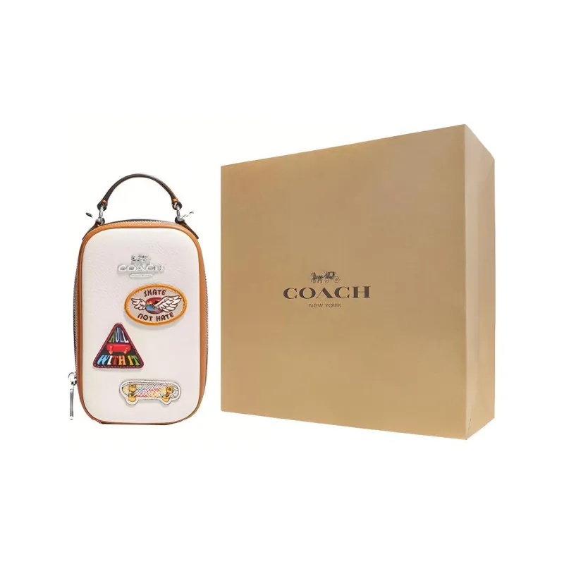 COACH Eva Leather Cell Phone Pouch, Shoulder Bag, Crossbody Bag Mini Women's White & Multicolor-6