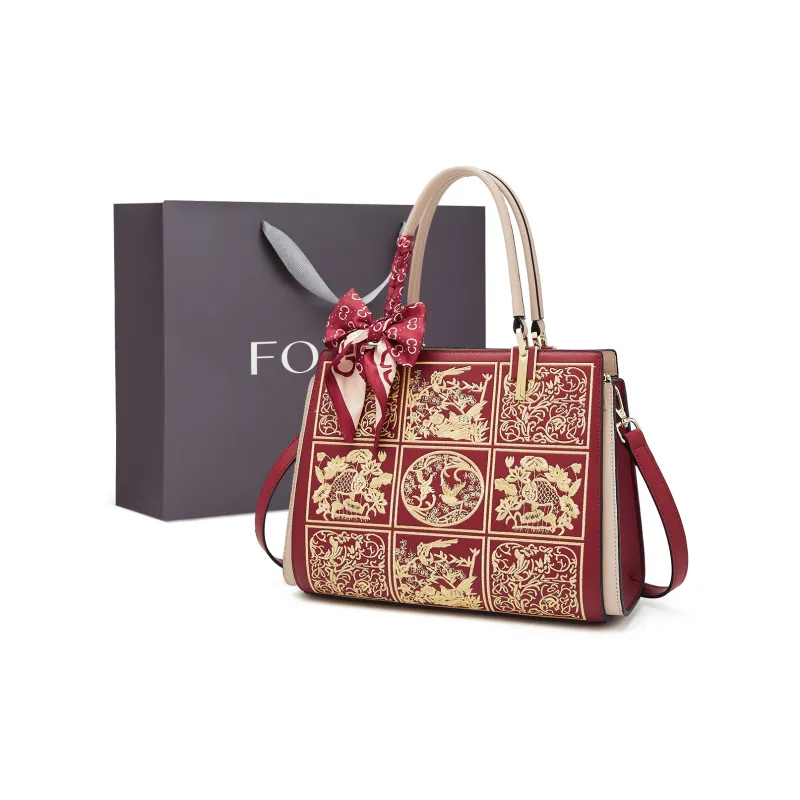 FOXER Cow Leather Versatile Shoulder Bag Handbag Women's Apricot/Burgundy/Blue-5