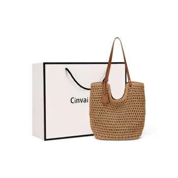 CinvaiKrose Yarn One Shoulder Tote Shopping Bag Portable Large Bag Large Size Women's Khaki