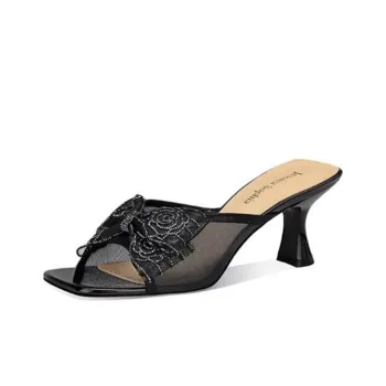 JESSICA SOPHIA Rubber Sole Rhinestone Slip Resistant Abrasion Resistant Slide Slippers Women's Black