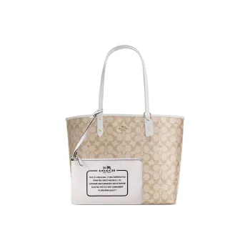 COACH Canvas With Leather Tote Bag Shopping Bag Combo Handbag Shoulder Bag Women's White & Khaki Monogram