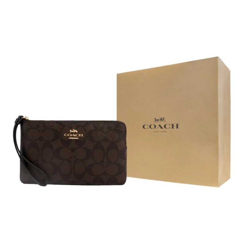 COACH Corner Zip Coated Canvas With Recycled Leather Clutches Wallets Small Size Women's Gold & Brown Black-4