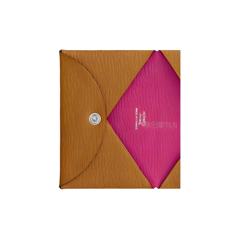 HERMES Calvi Sheepskin Coin Purse Card Holder Wallet Women's Caramel Rose Pink-4