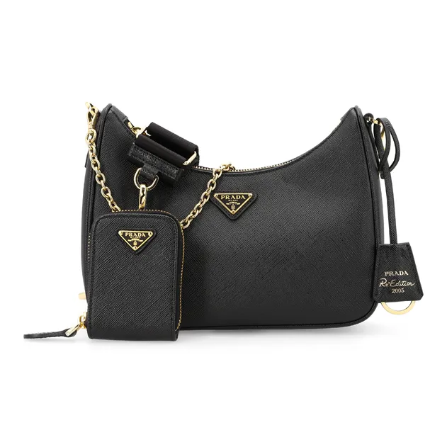 PRADA Re Edition Leather Shoulder Bag, Crossbody Bag, Handbag Women's Black/Gold-1