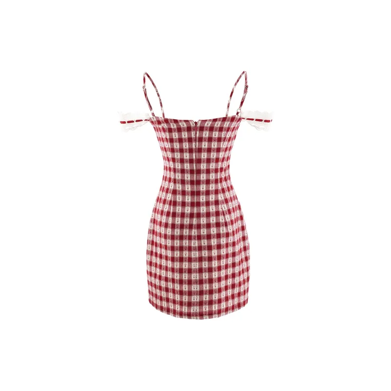 Blovelan Slip Dress Women's Strawberry Red Plaid-1