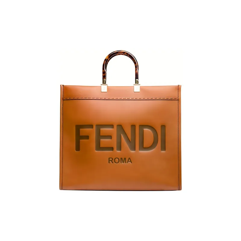 FENDI Sunshine Cow Leather Tote Bag, Shopping Bag, Handbag Tubas Unisex Brown-0