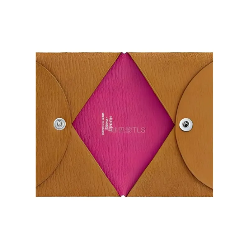 HERMES Calvi Sheepskin Coin Purse Card Holder Wallet Women's Caramel Rose Pink-2