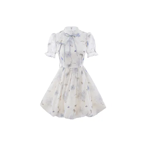 Blovelan Short-Sleeved Dresses Women's Blue Floral Pattern