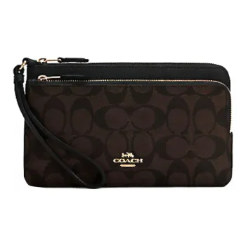 COACH Double Zip Wallet Leather Paneled Canvas Clutch Card Holder Wallet Medium Size Women's Black Monogram