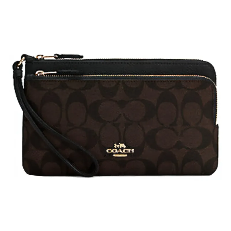COACH Double Zip Wallet Leather Paneled Canvas Clutch Card Holder Wallet Medium Size Women's Black Monogram-0