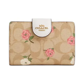COACH Corner Zip Canvas Wallet Mini Women's Gold & Light Khaki Chalk Multicolor