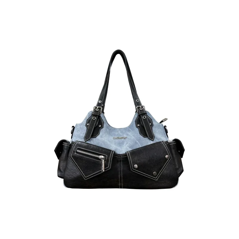 CULTIVATOR PU One Shoulder Handbag Medium Size Women's Matcha Red Beans/Cool Black Denim-3