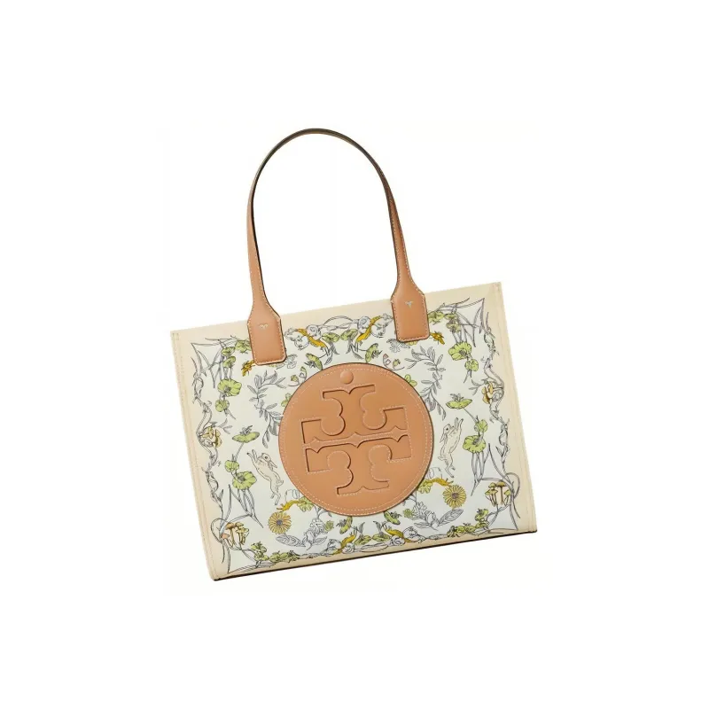 TORY BURCH Ella Fabric Artificial Leather Tote Bag Shopping Bag Handbag Small Size Women's White Print-1