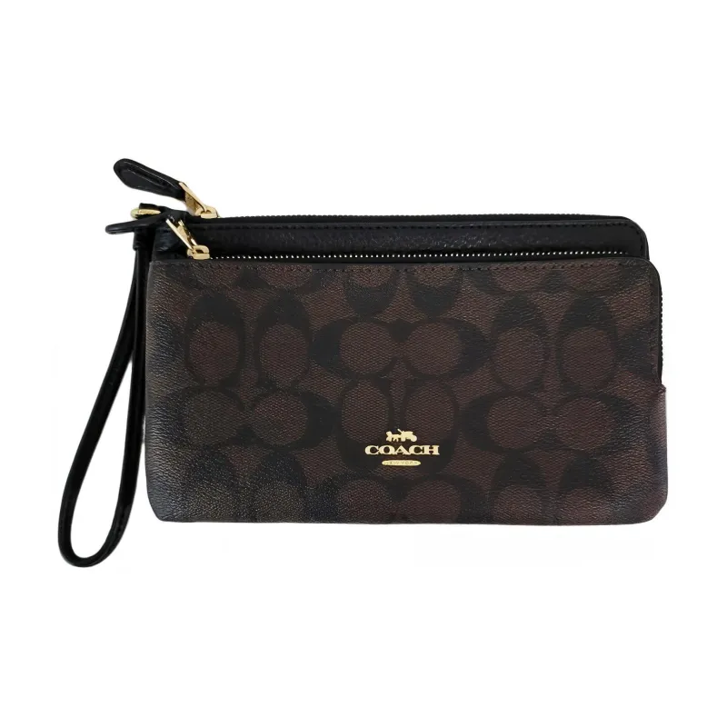 COACH Double Zip Wallet Leather Paneled Canvas Clutch Card Holder Wallet Medium Size Women's Black Monogram-4