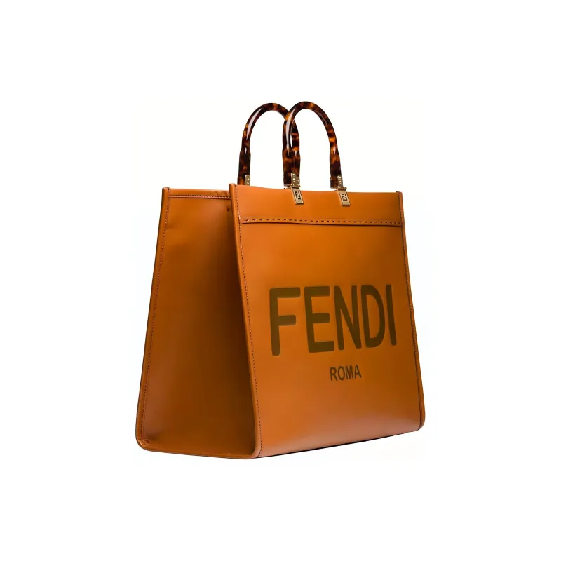 FENDI Sunshine Cow Leather Tote Bag, Shopping Bag, Handbag Tubas Unisex Brown-2