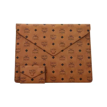 MCM Essential Visetos Origina Leather Clutch Unisex Cognac