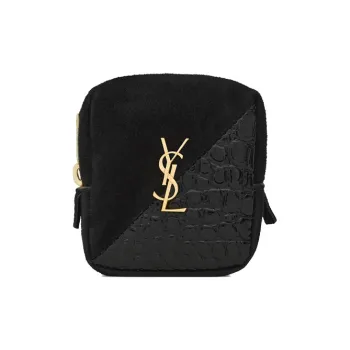 SAINT LAURENT Jamie Suede With Bright Crocodile Embossed Leather Charm Coin Purse Women's Black