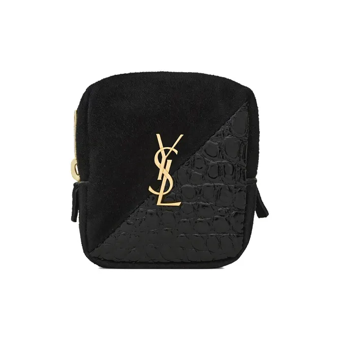 SAINT LAURENT Jamie Suede With Bright Crocodile Embossed Leather Charm Coin Purse Women's Black-0