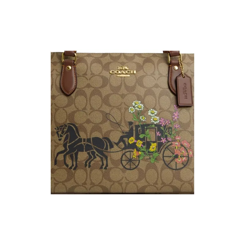 COACH Gallery Coated Canvas With Recycled Leather Handbag Large Size Women's Gold & Khaki Multicolor-3