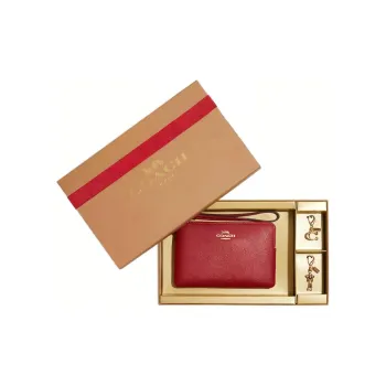 COACH Corner Zip Cross Stitch Leather Wrist Bags Clutches Small Size Women's Red
