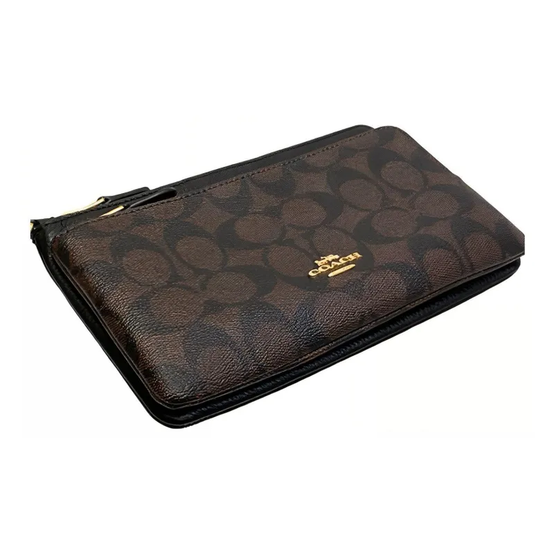 COACH Double Zip Wallet Leather Paneled Canvas Clutch Card Holder Wallet Medium Size Women's Black Monogram-2