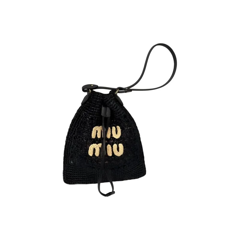 MIU MIU Woven Fabric With Raffia And Leather Handbag, Shoulder Bag Unisex Black-4