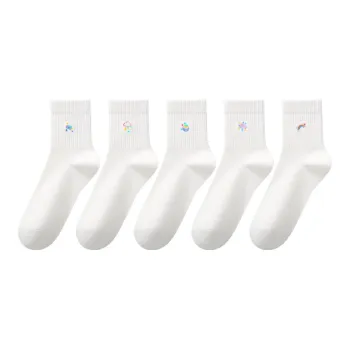 H YXIANG Mid Calf Socks Women's 5 Pack White