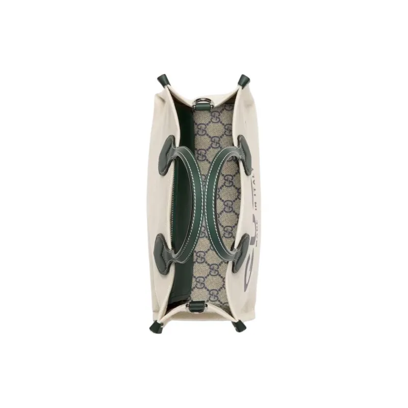 GUCCI Cotton Linen And Canvas Canvas Bag Tote Bag Shopping Bag Handbag Small Size Women's Beige & Green-6