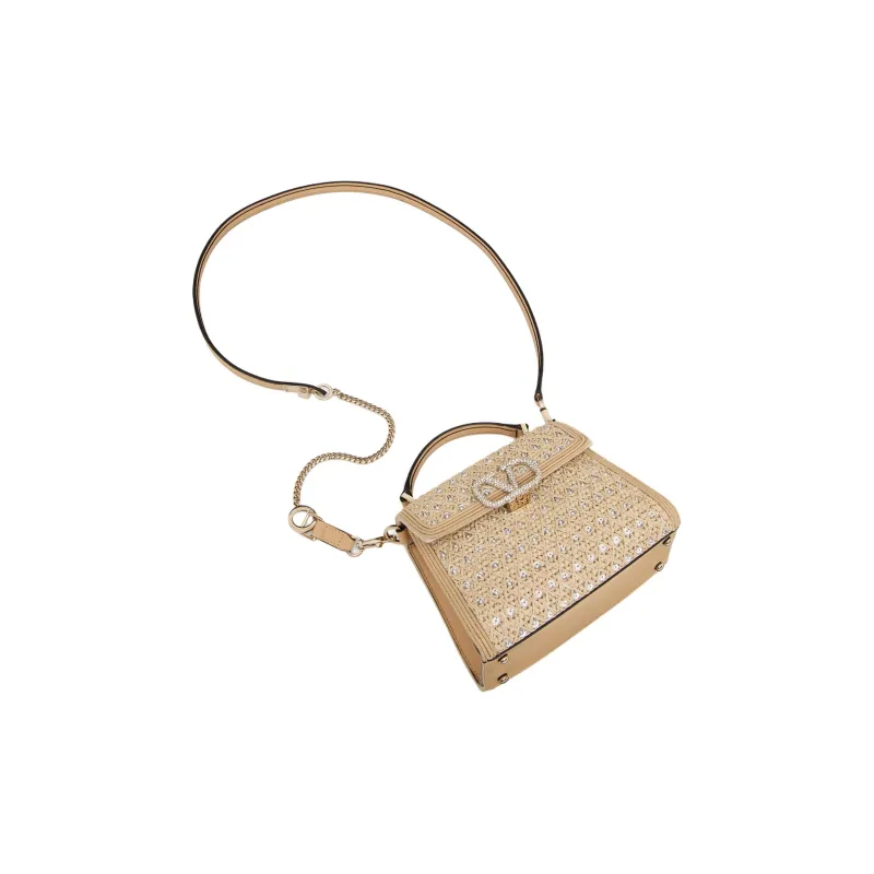 Valentino VSLING Rhinestone Raffia Embroidery Shoulder Bag Crossbody Bag Handbag Women's Beige-4