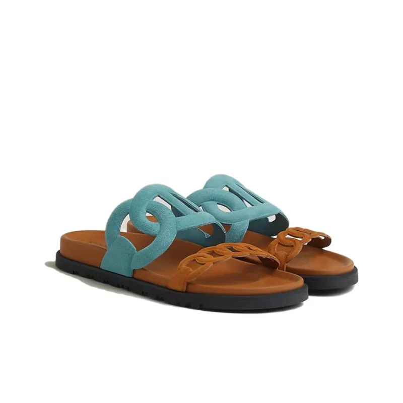 HERMES Extra Slide Slippers Women's Blue Brown-2