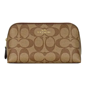 COACH Cosmetic Canvas Clutch Makeup Bag Women's Khaki & Saddle Brown