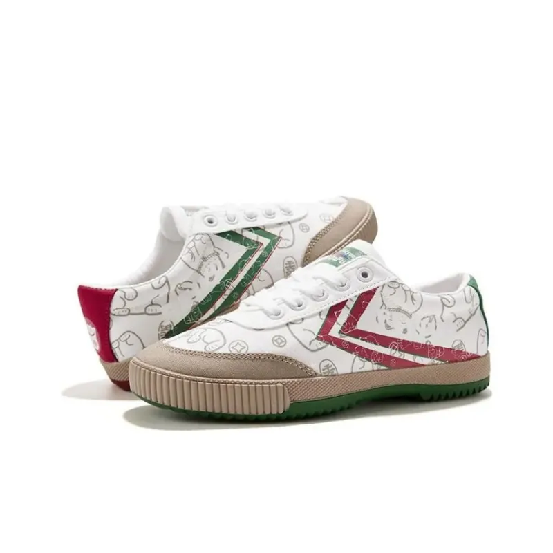 LuckyCat x Dafu Leaps Forward Anti Slip Wear Resistant Low Top Canvas Shoes Unisex White Green-1