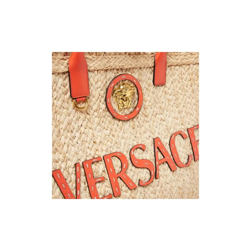 VERSACE La Medusa Straw With Cow Leather Tote Bag, Shopping Bag, Handbag Women's Beige-4