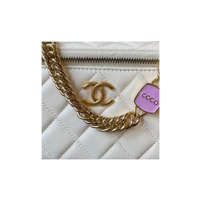CHANEL Lambskin With Gold Metal Accents Makeup Bags Box Bag Shoulder Bag Crossbody Bag Unisex White-3