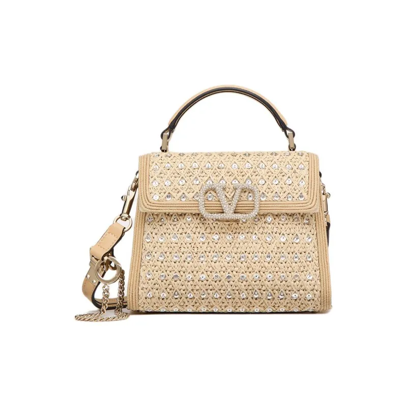 Valentino VSLING Rhinestone Raffia Embroidery Shoulder Bag Crossbody Bag Handbag Women's Beige-0