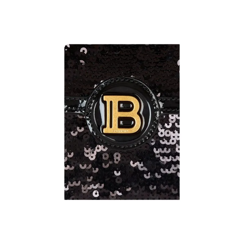 BALMAIN B BUZZ Sequined Patent Leather Shoulder Bag, Crossbody Bag Small Size Women's Black-5